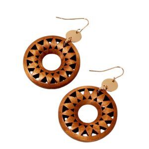 GOLD WOOD SUNBURST 2" DROP EARRINGS